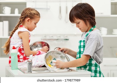 Grumpy Kids Doing Home Chores On Parents Order - Washing Dishes