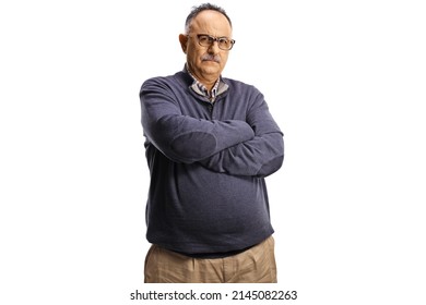 Grumpy mature man looking at camera isolated on white background