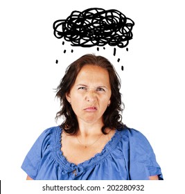 Grumpy Middle Aged Woman With Dark Cloud Over Head