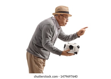 Grumpy Old Man Holding A Deflated Football And Scolding Someone Isolated On White Background