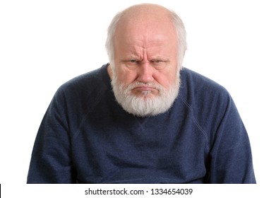 grumpy oldfart or dissatisfied and displeased old bald man isolated portrait isolated on white