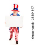 Grumpy Uncle Sam holding a blank sign.  Full body isolated design element.