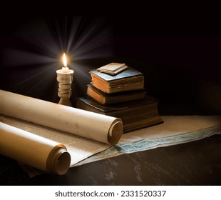 Grunge age dirty rough rustic brown open psalm pray talmud law paper page archive stack dark black wooden desk table space. New jew culture god Jesus Christ gospel literary art wood still life concept
