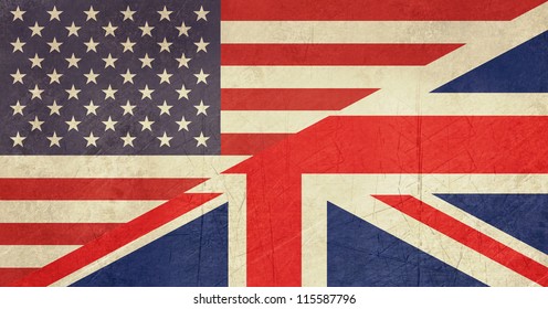 Grunge American and British flags joined together, isolated on white background.