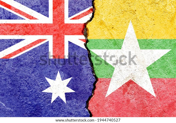 Grunge Australia VS Myanmar national flags icon\
pattern isolated on broken cracked wall background, abstract\
international political relationship partnership divided conflict\
concept texture\
wallpaper