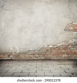 Grunge Background, Damaged Brick Wall Texture Bright Plaster Wall And Blocks Road Sidewalk Abandoned Exterior Urban Background For Your Own Concept Or Project