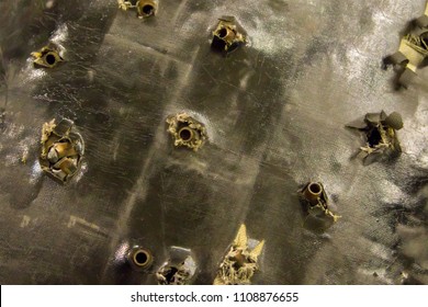 Grunge Background Many Shells Bullets Surface Of An Old Broken Pierced Bulletproof Vest Rescue Safety