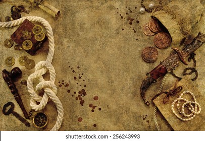 Grunge background with nautical and pirate objects, old fabric texture effect with bloody drops and copy space