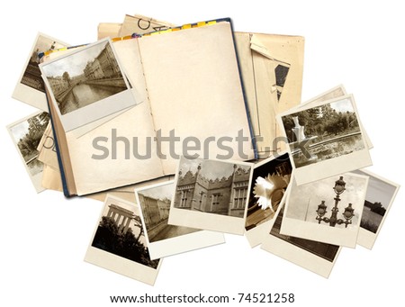 Grunge background with old notebook and photos