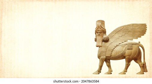 Grunge background with paper texture and lamassu - human-headed winged bull. Horizontal banner with assyrian protective deity. Copy space for text. Mock up template