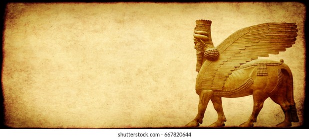 Grunge background with paper texture and lamassu - human-headed winged bull statue, Assyrian protective deity 