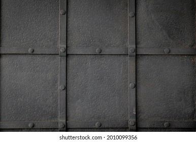 Grunge Black Metal Background With Symmetrically Arranged Trim Strips. Square Grid Finish And Design.