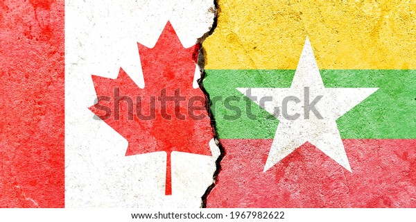 Grunge Canada VS Myanmar national flags icon\
pattern isolated on broken cracked wall background, abstract\
international political relationship friendship divided conflicts\
concept texture\
wallpaper