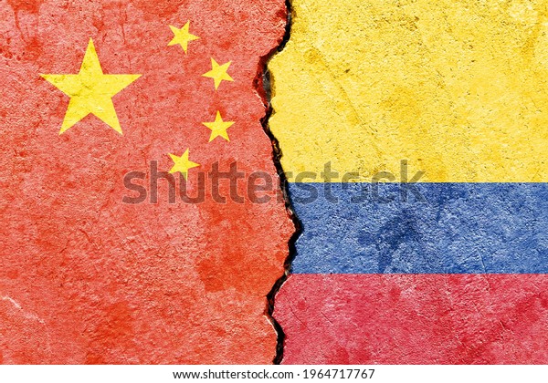 Grunge China VS Colombia national flags icon\
pattern isolated on broken cracked wall background, abstract\
international political relationship friendship divided conflicts\
concept texture\
wallpaper