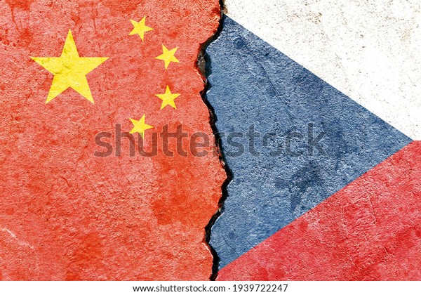 Grunge China VS Czech Republic national flags\
icon pattern isolated on cracked wall background, abstract\
international political relationship partnership divided conflicts\
concept texture\
wallpaper
