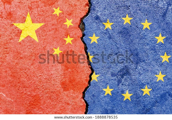 Grunge China vs EU (Europe Union) national\
flags icon isolated on cracked wall background, abstract China EU\
international politics economy relationship friendship conflicts\
concept texture\
wallpaper