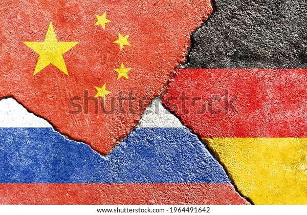 Grunge China VS Germany VS Russia national\
flags icon pattern isolated on broken cracked dirty wall\
background, abstract China Germany Russia politics relationship\
divided conflicts texture\
wallpaper