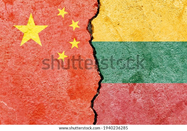 Grunge China vs Lithuania national flags icon\
pattern isolated on broken cracked wall background, abstract China\
Lithuania politics relationship partnership divided conflicts\
concept texture\
wallpaper
