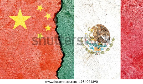 Grunge China VS Mexico national flags icon\
pattern isolated on broken cracked wall background, abstract\
international political relationship friendship divided conflicts\
concept texture\
wallpaper