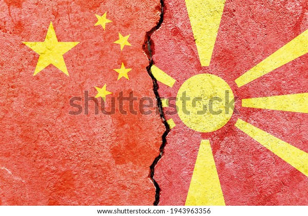 Grunge China VS North Macedonia national flags\
icon pattern isolated on broken cracked wall background, abstract\
international political relationship divided conflicts concept\
texture wallpaper