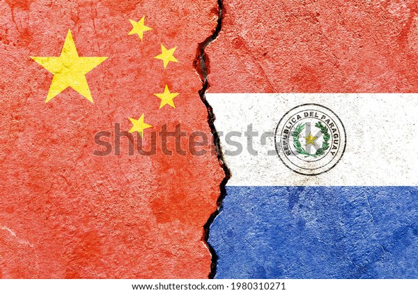 Grunge China vs Paraguay national flags pattern\
isolated on broken cracked wall background, abstract China Paraguay\
politics relationship friendship divided conflicts concept texture\
wallpaper
