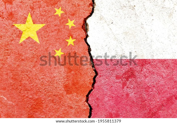Grunge China VS Poland national flags icon\
pattern isolated on broken cracked wall background, abstract\
international political relationship friendship divided conflicts\
concept texture\
wallpaper