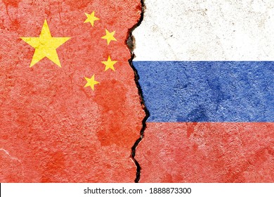 Grunge China Vs Russia National Flags Icon Isolated On Broken Wall With Cracks Background, Abstract Politics Conflicts Concept