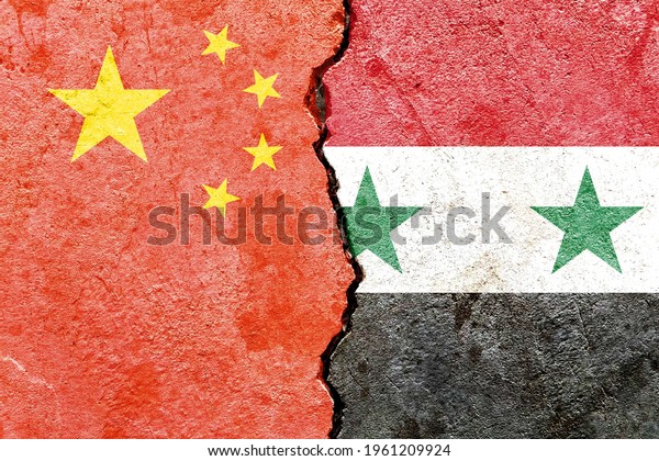 Grunge China VS Syria national flags icon\
pattern isolated on broken cracked wall background, abstract Middle\
East political relationship friendship divided conflicts concept\
texture wallpaper
