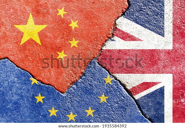 Grunge China vs UK vs EU national flags icon on\
broken wall with cracks background, abstract China United Kingdom\
Europe international politics economy relationship divided\
conflicts concept\
wallpaper