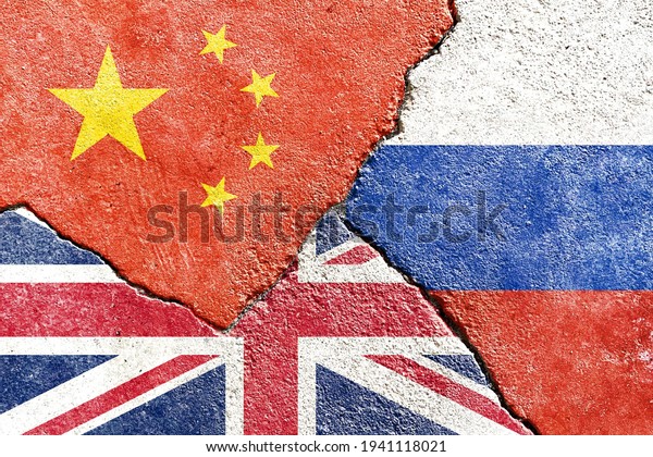 Grunge China VS UK VS Russia flags icon pattern\
isolated on broken cracked wall background, abstract international\
political relationship partnership divided conflicts concept\
texture wallpaper