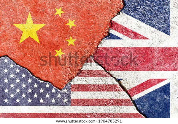 Grunge China vs UK vs USA national flags icon
isolated on broken weathered cracked wall background, abstract
international politics relationship friendship conflicts concept
texture wallpaper