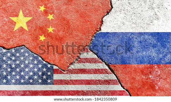 Grunge China vs USA vs Russia national flags\
icon pattern isolated on broken wall with cracks, abstract China US\
Russia politics relationship divided conflicts concept texture\
background wallpaper