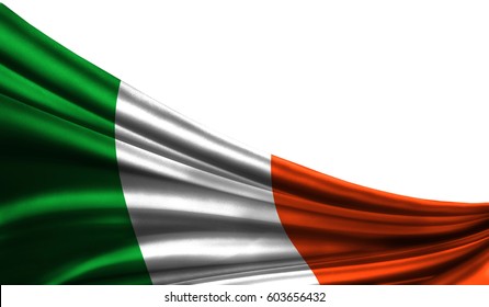 Grunge colorful flag Ireland fabric silks with copyspace for your text or images, white background 3D illustration cloths. Closeup, fluttering downwind