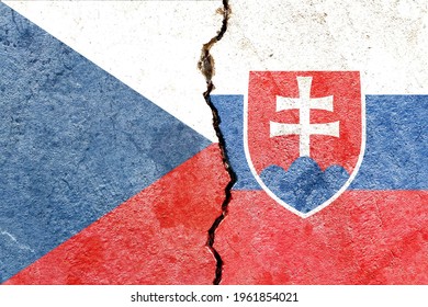 Grunge Czech Republic VS Slovakia national flags icon pattern isolated on broken cracked wall background, abstract Czech Slovak politics relationship friendship conflicts concept texture wallpaper