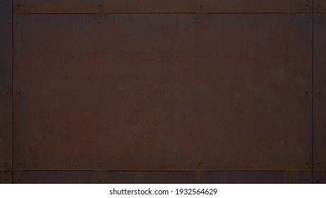 Grunge dark brown rusty corten steel facade wall with rivets, rust metal texture background