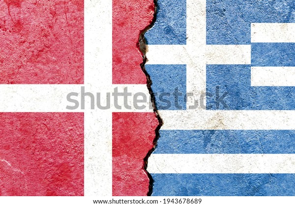 Grunge Denmark VS Greece national flags icon\
pattern isolated on broken cracked wall background, abstract\
international political relationship friendship divided conflicts\
concept texture\
wallpaper