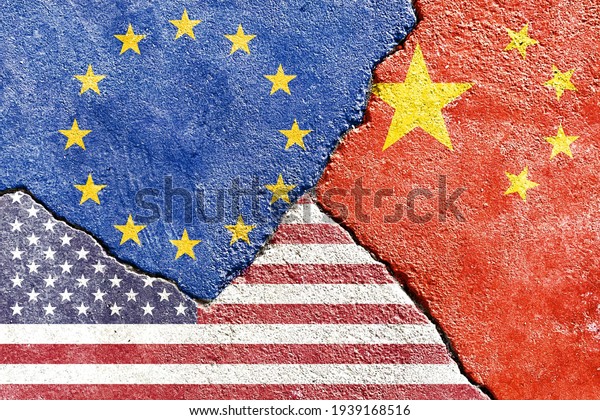 Grunge EU (Europe) VS China VS USA flags icon\
pattern isolated on dirty broken cracked wall background, abstract\
world politics relationship partnership divided conflicts concept\
texture wallpaper