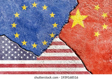 Grunge EU (European Union) VS China VS US (United States) Flags Isolated On Cracked Wall Background, Abstract Europe China USA International Politics Conflicts Concept