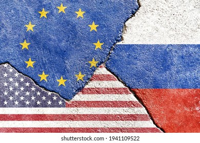 Grunge EU (European Union) Vs US (United States) Vs Russia National Flags Isolated On Cracked Wall Background