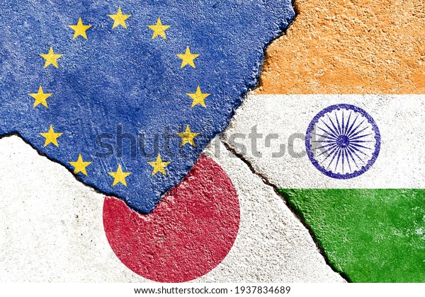 Grunge EU VS India VS Japan national flags icon\
on broken weathered cracked wall background, abstract Europe India\
Japan politics economy relationship friendship conflicts concept\
texture wallpaper