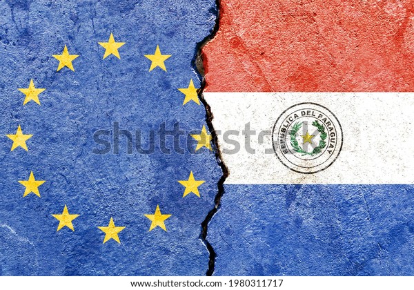 Grunge EU vs Paraguay national flags pattern\
isolated on broken cracked wall background, abstract Europe\
Paraguay politics relationship friendship divided conflicts concept\
texture wallpaper