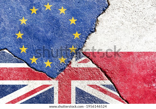 Grunge EU VS UK VS Poland national flags icon\
pattern isolated on broken cracked wall background, abstract Europe\
UK Poland politics friendship relationship divided conflicts\
texture wallpaper