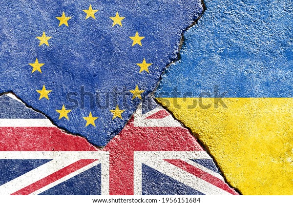 Grunge\
EU VS UK VS Ukraine national flags icon pattern isolated on broken\
cracked wall background, abstract international political\
relationship divided conflicts texture\
wallpaper