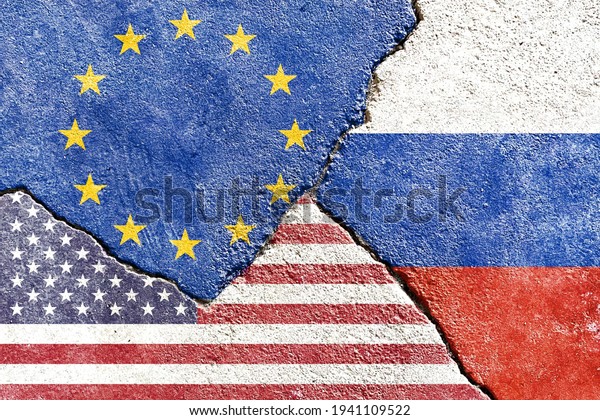 Grunge EU VS USA VS Russia national flags icon\
pattern isolated on broken cracked wall background, abstract EU US\
Russia politics relationship friendship divided conflicts concept\
texture wallpaper