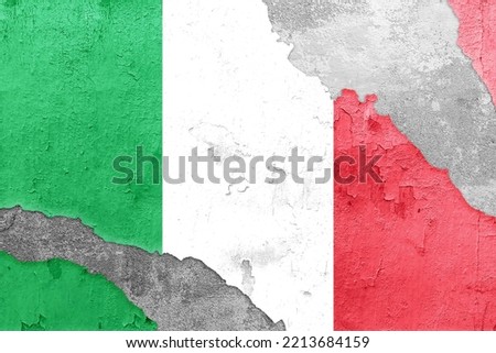 Grunge Flag of Italy flags isolated on cracked wall background. Italy painted on cracked wall for politics, economy, election.