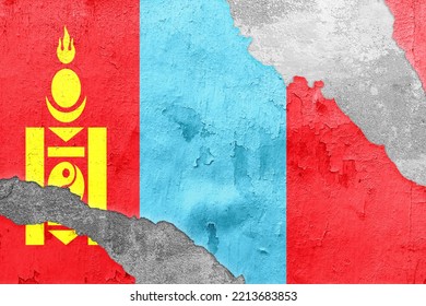 Grunge Flag Of Mongolia Flags Isolated On Cracked Wall Background. Mongolia Painted On Cracked Wall For Politics, Economy, Election.