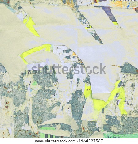 Grunge Frame Background with Old Torn Posters. Urban Graffiti Wall Texture. Old Grunge Ripped Torn Posters and Ads Street Background and Texture. Grungy Urban Wallpaper. Vintage City Billboard.