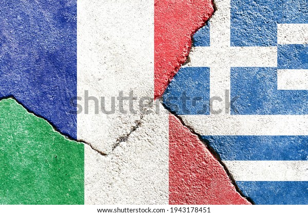Grunge France VS Italy VS Greece national flags
icon pattern isolated on broken cracked wall background, abstract
international political relationship divided conflicts concept
texture wallpaper