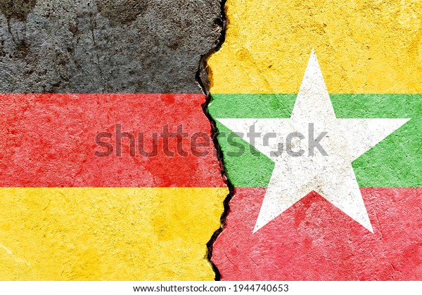 Grunge Germany VS Myanmar national flags icon\
pattern isolated on broken cracked wall background, abstract\
international political relationship partnership divided conflicts\
concept texture\
wallpaper