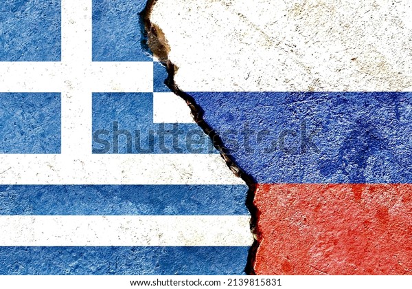 Grunge Greece vs Russia national flags isolated\
on weathered cracked wall background, abstract Greece Russia\
politics economy relationship friendship divided conflicts concept\
texture wallpaper